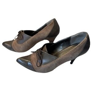 Mode Spana Vintage Woman's 8.5 Oxford Pumps W/Lace Up Brown Taupe Glossy Cap Toe